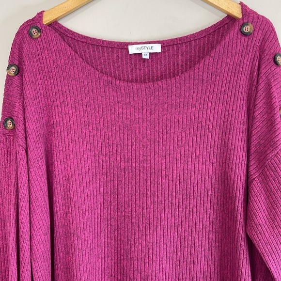 My Style Grape Purple BoatNeck Top Ribbed Button Shoulder Tab Sleeves Plus 2X - Picture 3 of 12